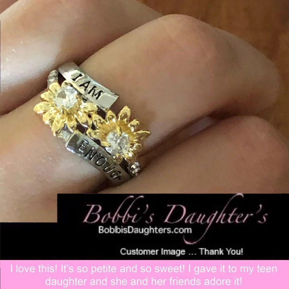 ❤️33❤️ “I AM ENOUGH” Two Tone 14k White Gold Yellow Gold Daisy Diamond Ring - Picture 6 of 13